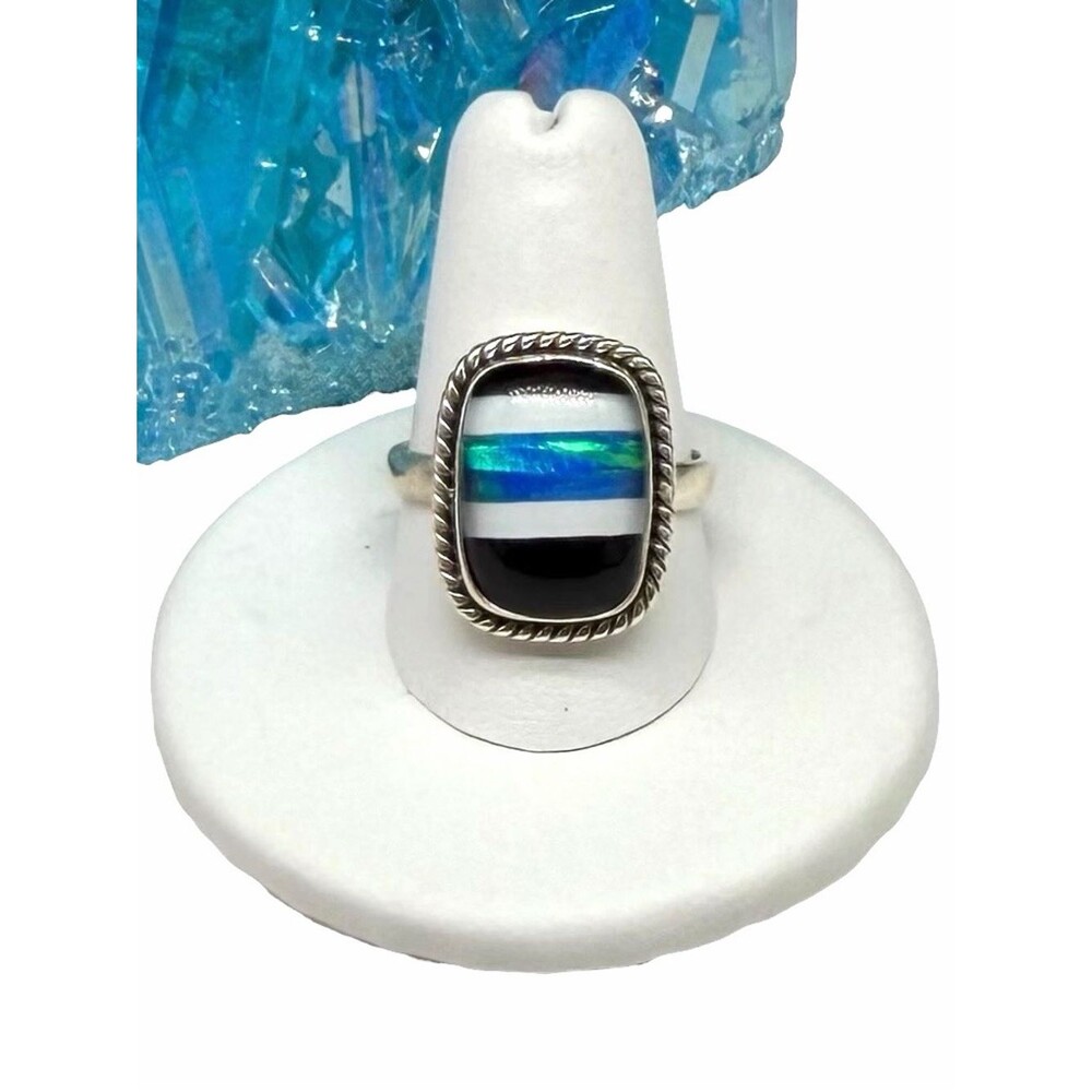 Aurora Fire Opal Black Onyx Striped Ring Size 9 Solid 925 Sterling Silver Blue